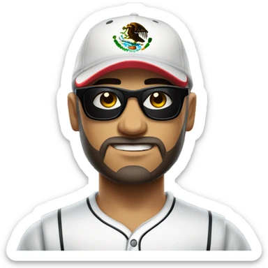 Bald Mexican young man with round face a dark beard baseball cap and dark cool sunglasses looking tough huge muscles sticker