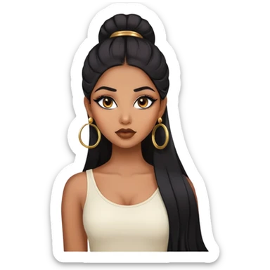 indian girl, brown skin, long black voluminous hair, brown underneath colored hair, baddie,pretty, makeup, lipliner, black eyeliner, gold hoop earrings, white top sticker