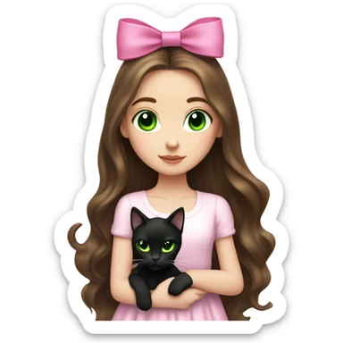 pale brunette girl with long brown hair with bright green eyes holding black cat pink bow sticker