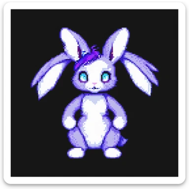 furry anthro male bunny with purple hair, blue eyes, purple and white fur, pixel art style sticker