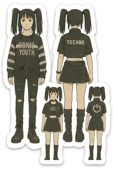 outfit designs for a VTUBER OC. The style is mixed 90's grunge, punk, lots of black and white in the color scheme, futuristic aesthetic. Clothing has small rips and tears from wear, logos and designs are faded. Garage, Shoegaze, postmodern style. character design concept art outfits for a female. [[FUTUREPUNK CYBERGOTH]] front on view, not 3/4 angle or any angle, perfect front, front and back view of each design,  sticker