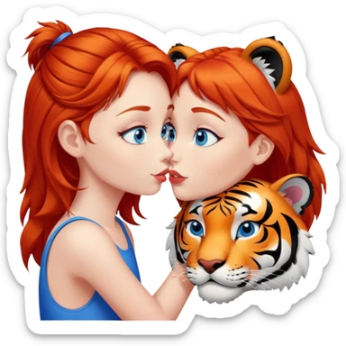 blue-eyed redhead girl kissing tiger sticker