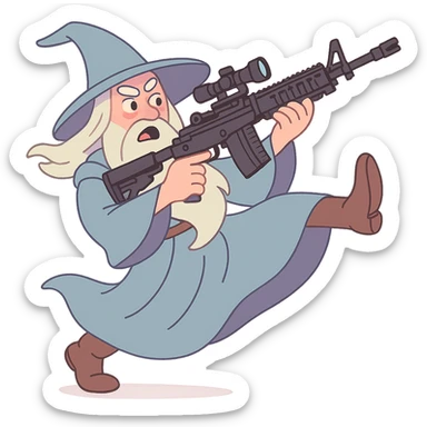 Gandalf the Gray wielding an M-14 EBR rifle, preparing to perform a 360 no-scope, dynamic pose, soft pastel colors, pastel toon style sticker