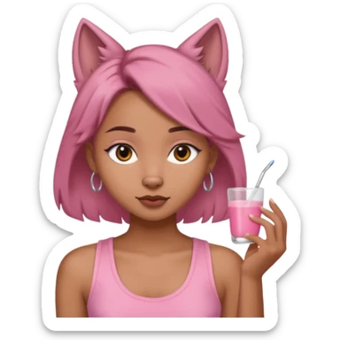 chica morena clara, corte de cabello wolf cut medio, con una blusa de tirantes simple, rosa y coquette sticker