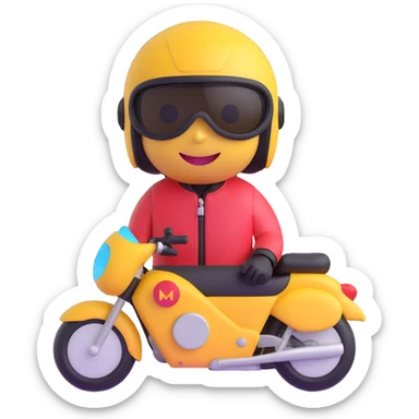 3D smiley emoji, round shape, sport motorcyclist: colorful motorcycle suit, sport helmet, youthful face sticker