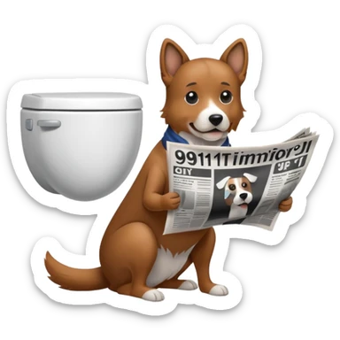 Dog on toilet with newspaper that says 9/11 sticker
