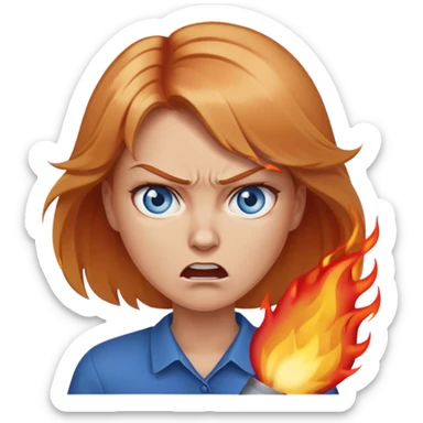 woman with long strawberry blond hair and blue eyes angrily setting fires sticker