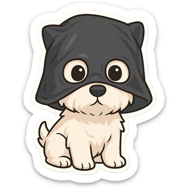 A West Highland Terrier puppy with a black plastic bag on its head, its eyes sticking out from the bag, looking at the audience sticker