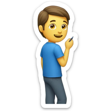 man with a blue shirt writing on a board sticker