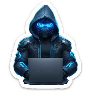 developer behind his laptop with this style : crysis Cyberpunk Riot Games Valorant neon glowing bright blue character blue black hooded assassin themed character sticker