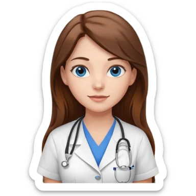 pretty female nursing student with long brown hair, blue eyes inside a classroom at university with blackboard behind her sticker