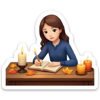 Girl writing in a journal on a desk with a candle on it by a window with fall scenery outside  sticker