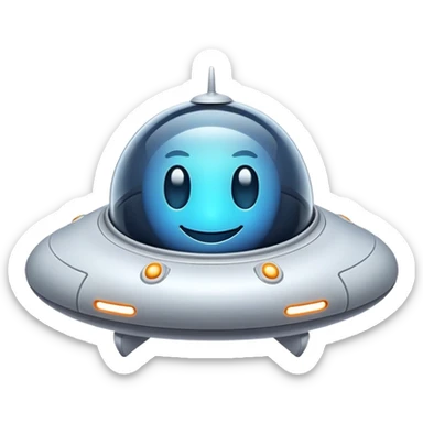 Design a simple, friendly spaceship with a smooth, rounded shape. Add a clear 'face' on the front using glowing lights for eyes and a curved line for a smile, giving it personality. Use a plain background to keep the focus on the ship sticker