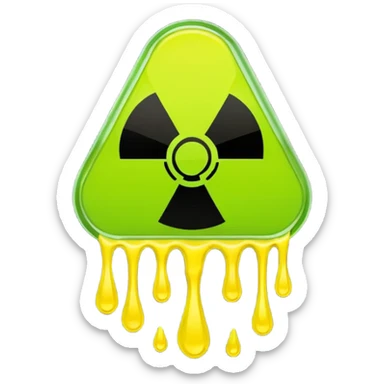 radioactive hazard symbol stylized to look like it is melting. The symbol is bright neon green and toxic yellow, with smooth dripping edges like liquid. sticker