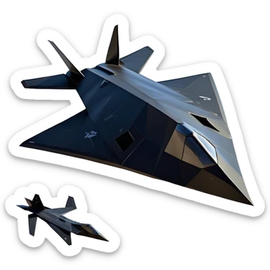 F-117 Nighthawk - Lockheed Martin (Stealth Grey) A futuristic stealth attack aircraft with a distinct faceted, angular design in a stealthy matte grey. Its sharp, jagged edges and unconventional, almost alien-like shape make it look like a shadow cutting through the night sky. The surface should appear non-reflective with subtle panel lines. sticker