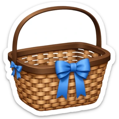 A basket with a blue ribbon on the handle sticker