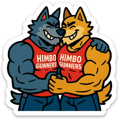 keep only the two super buff wolf furries in 'Himbo gunners' t-shirts hugging sticker