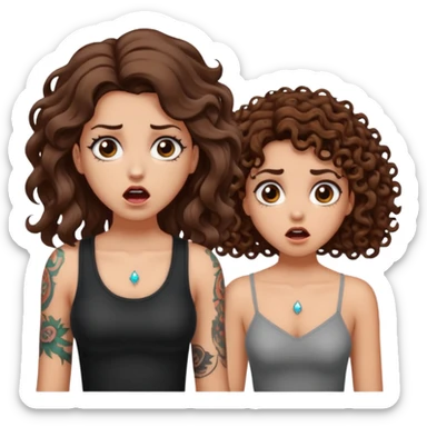 mutated crystal — long wavy brown hair tattooed woman and short tight curly brown hair woman — shocked reaction sticker