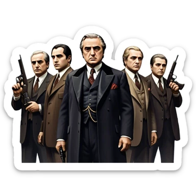 A vintage movie poster-style design featuring Don Vito Corleone surrounded by gangsters with Tommy guns. Include a dark, moody noir atmosphere with skyscrapers of New York in the background. The scene should be tense and mysterious, with a retro cinematic feel. Transparent background. sticker