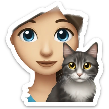 long straight haired blue eyed brunette woman holding norwegian forest cat with amber eyes sticker