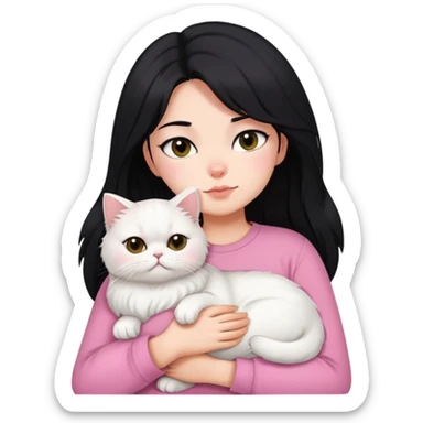 Black layered hair girl pink shirt snuggling only one white Persian cat sticker