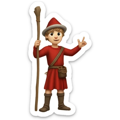 13th century European pilgrim boy with staff, red stockings, short tunic and hat raising his hand in victory sticker