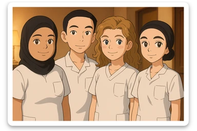 Four nursing students side by side in a warm indoor ambiance, wearing white short-sleeve uniform tops resembling medical tunics with V-neck collars and left chest pockets, no stand-up collars, no hijabs or undergarments beneath the tunics, no stethoscopes. Each student has the face from the provided portraits, styled in Ghibli style, group composition, variation 3. sticker