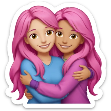 Surprisingly goofy once they open up. Strong, loyal, and incredibly supportive — but still hates wasting time. woman long pink hair hugging another person sticker