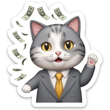 A business cat with money raining down, looking surprised sticker