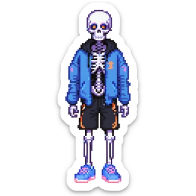 short skeleton with blue jacket, black basketball shorts, light pink slippers, blue glowing left eye sticker