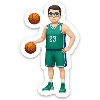 Full Body plus size tall white male with dark short hair basketball player wearing glasses wearing blue  with green uniform sticker