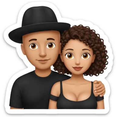A picture of a tanned couple embracing. the guy is Mexican, with a bald hair cut and he has a hat on. The girl is mixed, the girl is wearing a youblack shirt, the girl has brown curly big hair and the girl has big boobs  sticker
