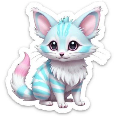  cute adorable whitish pastel fur with glowing bioluminescent random colorful neon-markings iridescent beautiful elegant pretty precious cute young youthful  Fakémon-Pokémon-alien-opossum-feline-serval-caracal-chinchilla-Minccino-hybrid-creature with a big fluffy bushy striped tail (full body) sticker