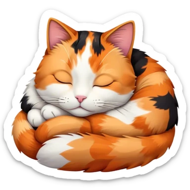 Meme-Worthy Cute Sleeping Calico Cat Portrait Emoji, Head resting peacefully with a content, gentle smile and softly closed eyes, featuring a delicate patchwork fur in vibrant orange, black, and white hues, simplified yet irresistibly endearing, highly detailed, glowing with a soft, drowsy radiance, high shine, exuding relaxed and utterly lovable charm, styled with a gentle, soft glowing outline, capturing the essence of a sleeping calico cat that appears destined to become a viral icon of adorable rest! sticker