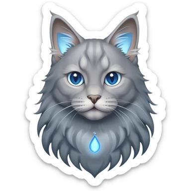 Cinematic Solid Grey Maine Coon Cat Portrait Emoji, Elegant and alert, sleek grey and silver tones with soft undercurrents of blue, Simplified yet sharp features, highly detailed, glowing with a calm, wise glow, high shine, intelligent and poised with a long, wise face that speaks of experience, stylized with an air of grace, focused and attentive, soft glowing outline, capturing the essence of strength and wisdom, so lifelike it feels as though it could spring into motion at any moment, exuding a sense of majestic age and quiet dignity. sticker