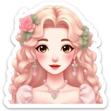 Gorgeous anime style lady with blushing face and accessories cottagecore fairycore Kawaii anime colorful pearly romantic aesthetic trending style sticker