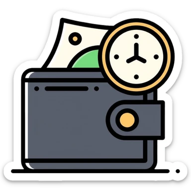 black wallet with dollars visible inside and a small clock in top right corner positioned over the wallet sticker