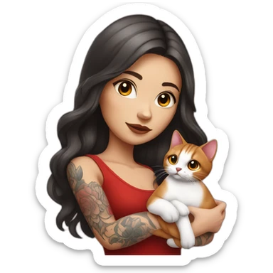 young tattooed woman with  brunette long hair holding a red and white cat in her hands sticker