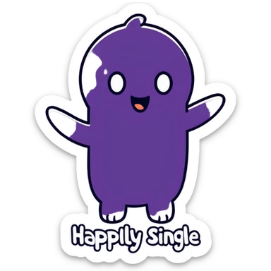 "happily single!" typography white color lettering on dark purple graphic tshirt, isolated. No emoji icons, no emoji faces, no human figures, 4k hd quailty sticker