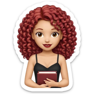 generate a pretty bratz girl curly dark red hair, brown lipstick on, smiling. Book in hand, wearing a black cami top. sticker