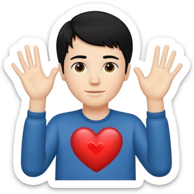 White boy with black hair holding up hands in the shape of a heart sticker