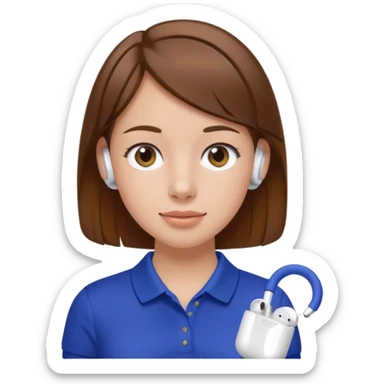 Girl with brown hair with airpods wearing a wegmans grocery store polo sticker