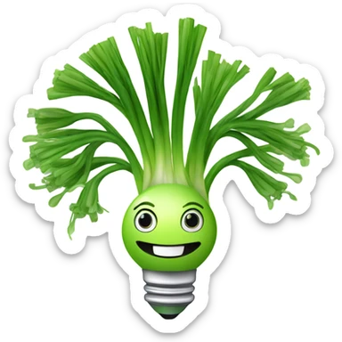 Smiling green onion with a bundle of long, thin green stalks as hair, big expressive eyes, and a cheerful cartoonish face on the white bulb section. Vibrant and playful design. sticker
