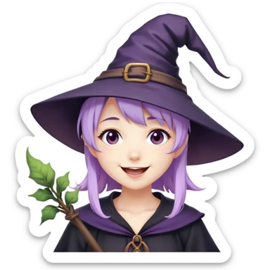 cute anime girl with lilac hair in a witch hat laughing sticker