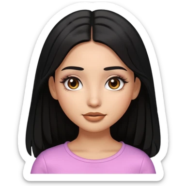 pretty cartoon girl, semi-realistic 3D emoji style, long middle parted straight black hair, tan skin, brown eyes, long eyelashes, soft glam makeup, glossy lips, smooth skin, cute aesthetic,  sticker