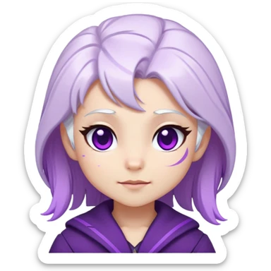 Chibi Sable Ward with playful wink, white hair with purple streaks, fully purple eyes, with small GG text appearing beside her sticker