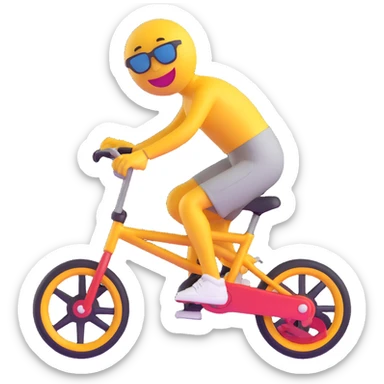 3D smiley emoji, round shape, with BMX bike, sporty face, transparent background (BMX) sticker