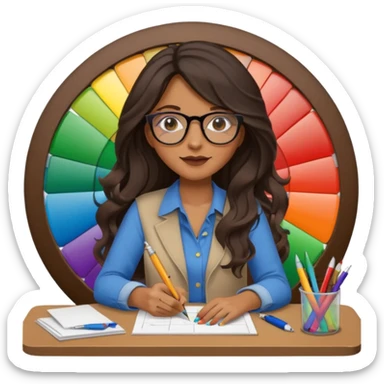 female dark wavy long hair graphic designer , color wheel, pens, papers , desktop sticker