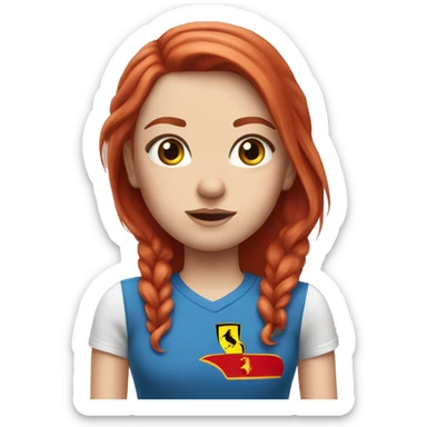 Pale skinned white girl With straight red hair and blue eyes wearing a Ferrari shirt and rolling her eyes sticker