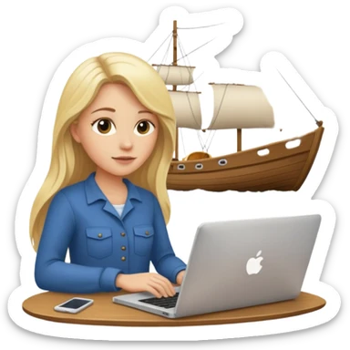 a blondie woman with long hair working with a computer laptop and a grains vessel (boat) around sticker